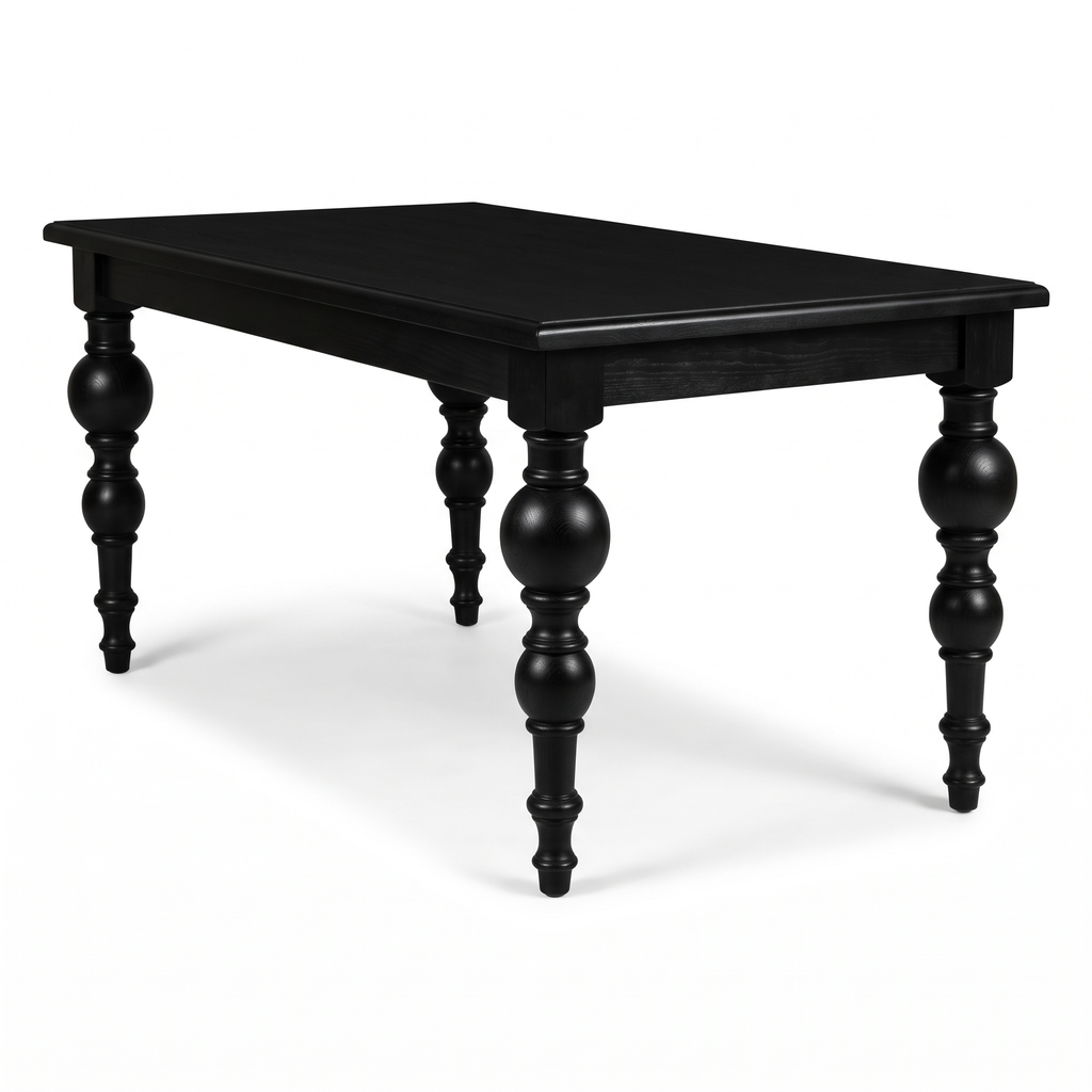 Noir Trestle Black Mango Wood 6-Seater Dining Table, right three-quarter view on a white background