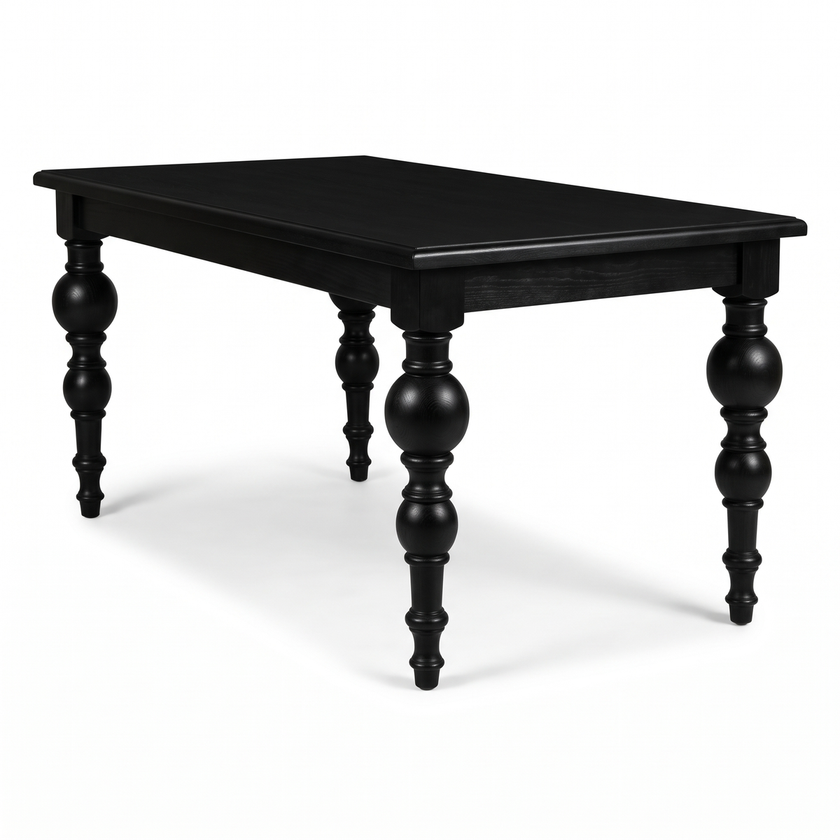 Noir Trestle Black Mango Wood 6-Seater Dining Table, right three-quarter view on a white background