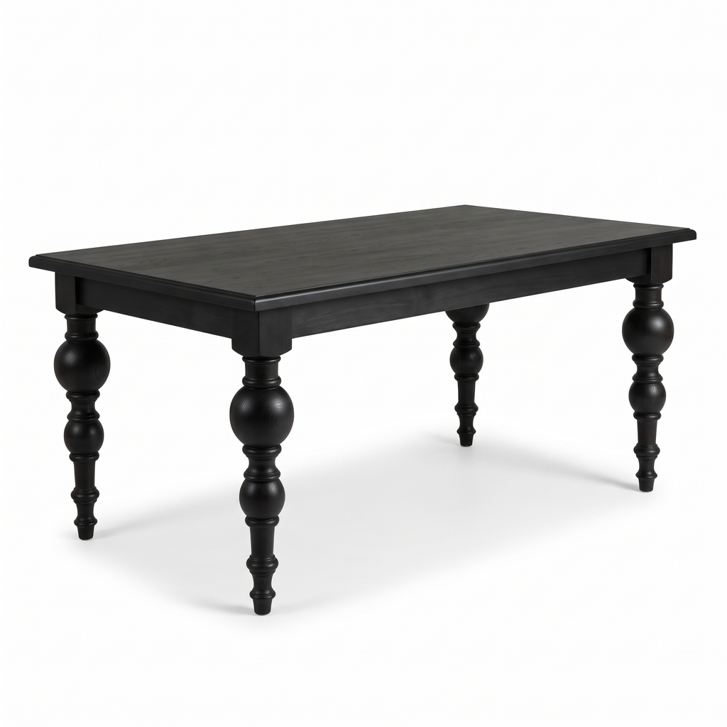 Noir Trestle Black Mango Wood 6-Seater Dining Table, side view on a white background