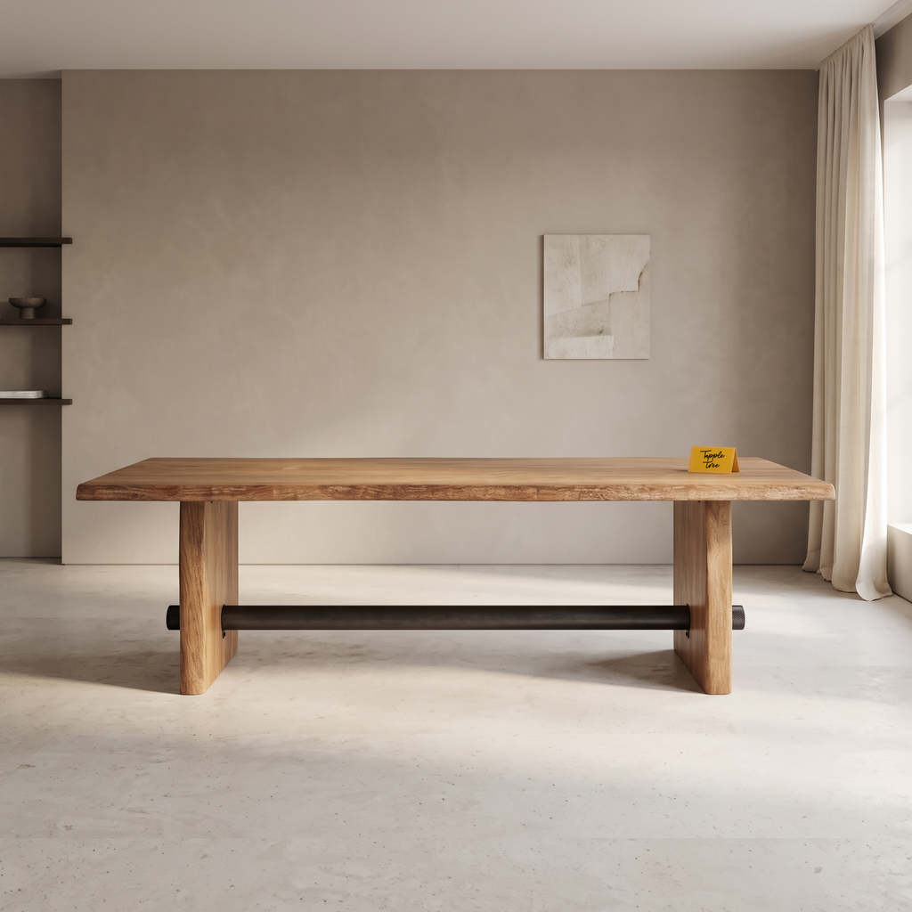 Rustic Beam Slab-Leg Acacia Wood 6-Seater Dining Table, front view in a dining room