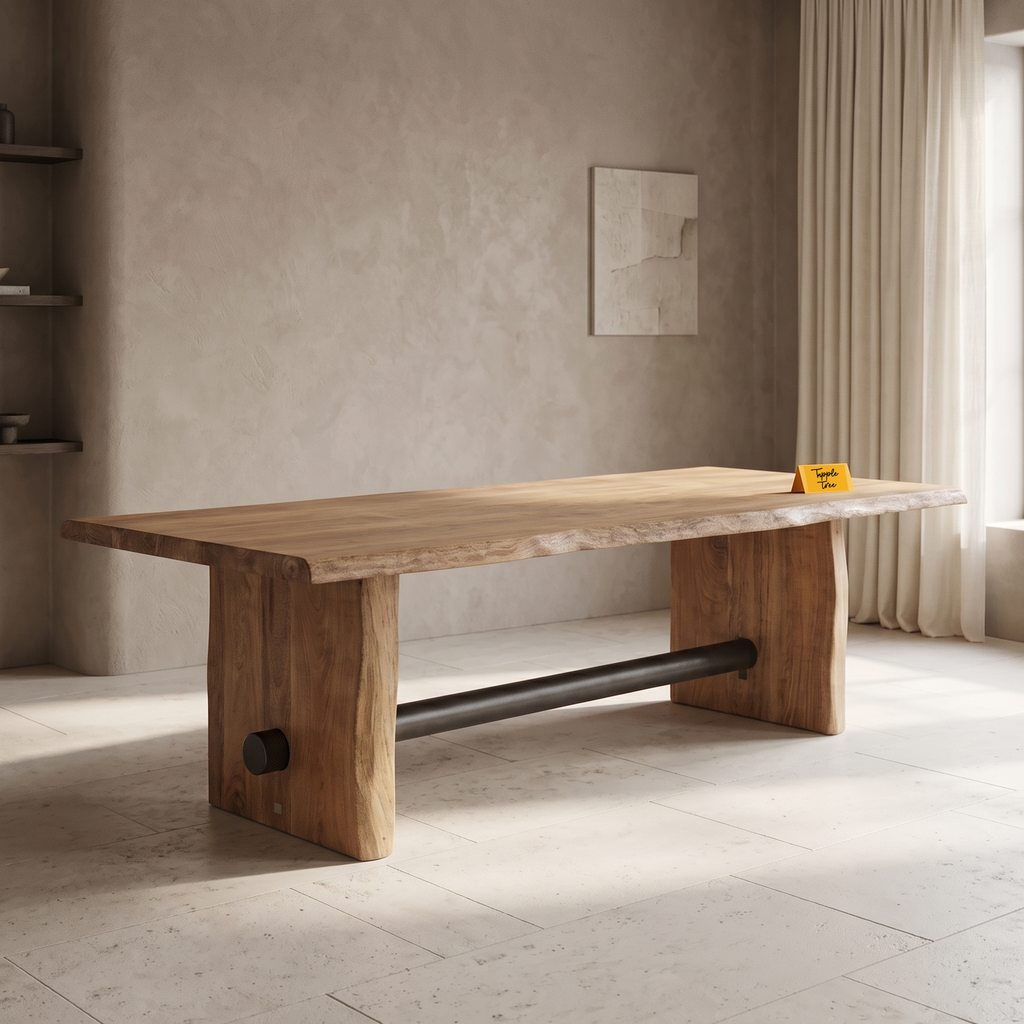 Rustic Beam Slab-Leg Acacia Wood 6-Seater Dining Table, three-quarter view in a dining room