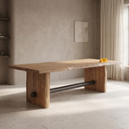 Rustic Beam Slab-Leg Acacia Wood 6-Seater Dining Table, three-quarter view in a dining room