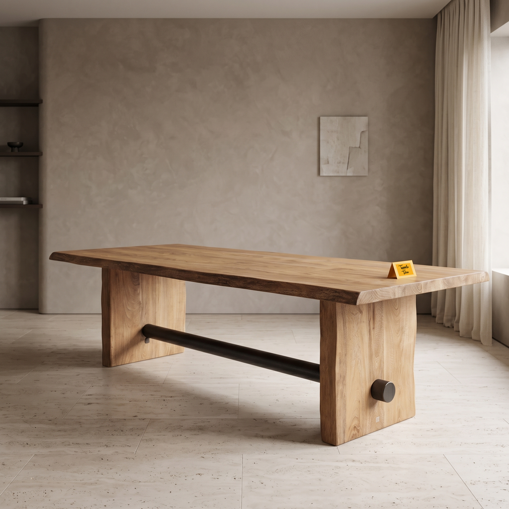 Rustic Beam Slab-Leg Acacia Wood 6-Seater Dining Table, side view in a dining room