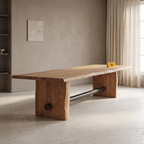 Rustic Beam Slab-Leg Acacia Wood 6-Seater Dining Table, view from above in a dining room