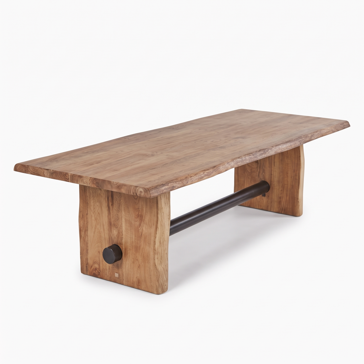Rustic Beam Slab-Leg Acacia Wood 6-Seater Dining Table, side view on a white background