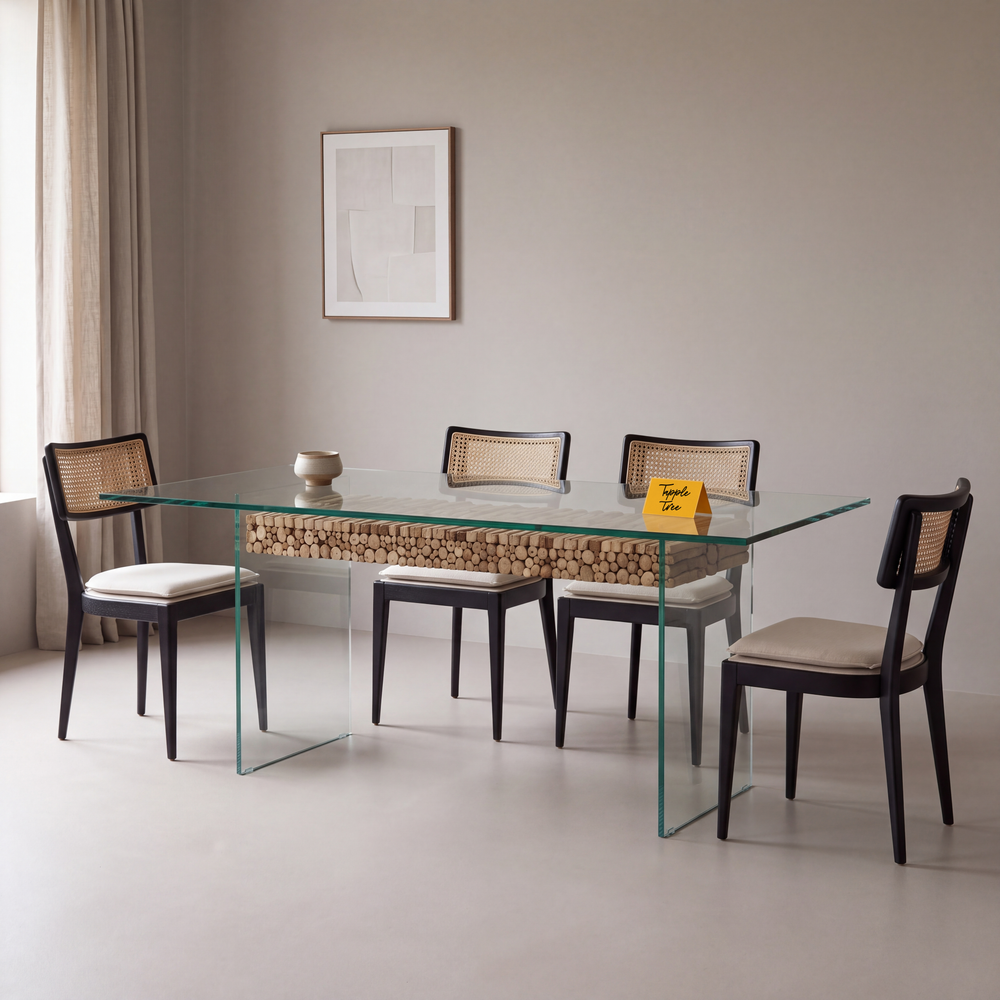 Driftwood Glass Dining Table — main lifestyle hero