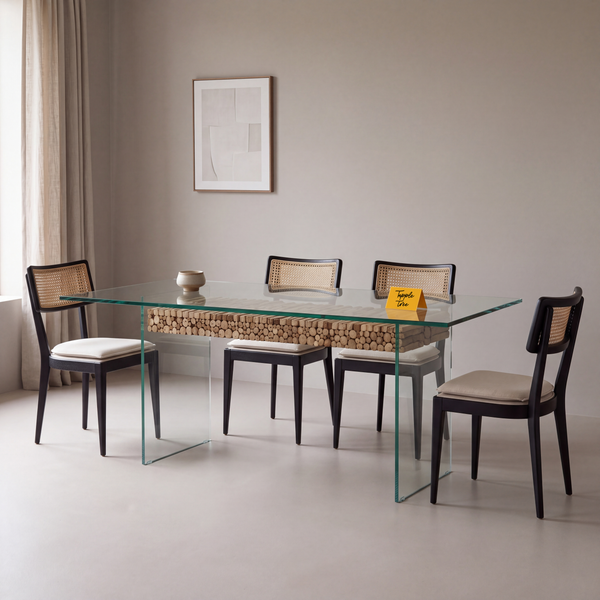 Driftwood Glass Dining Table — main lifestyle hero