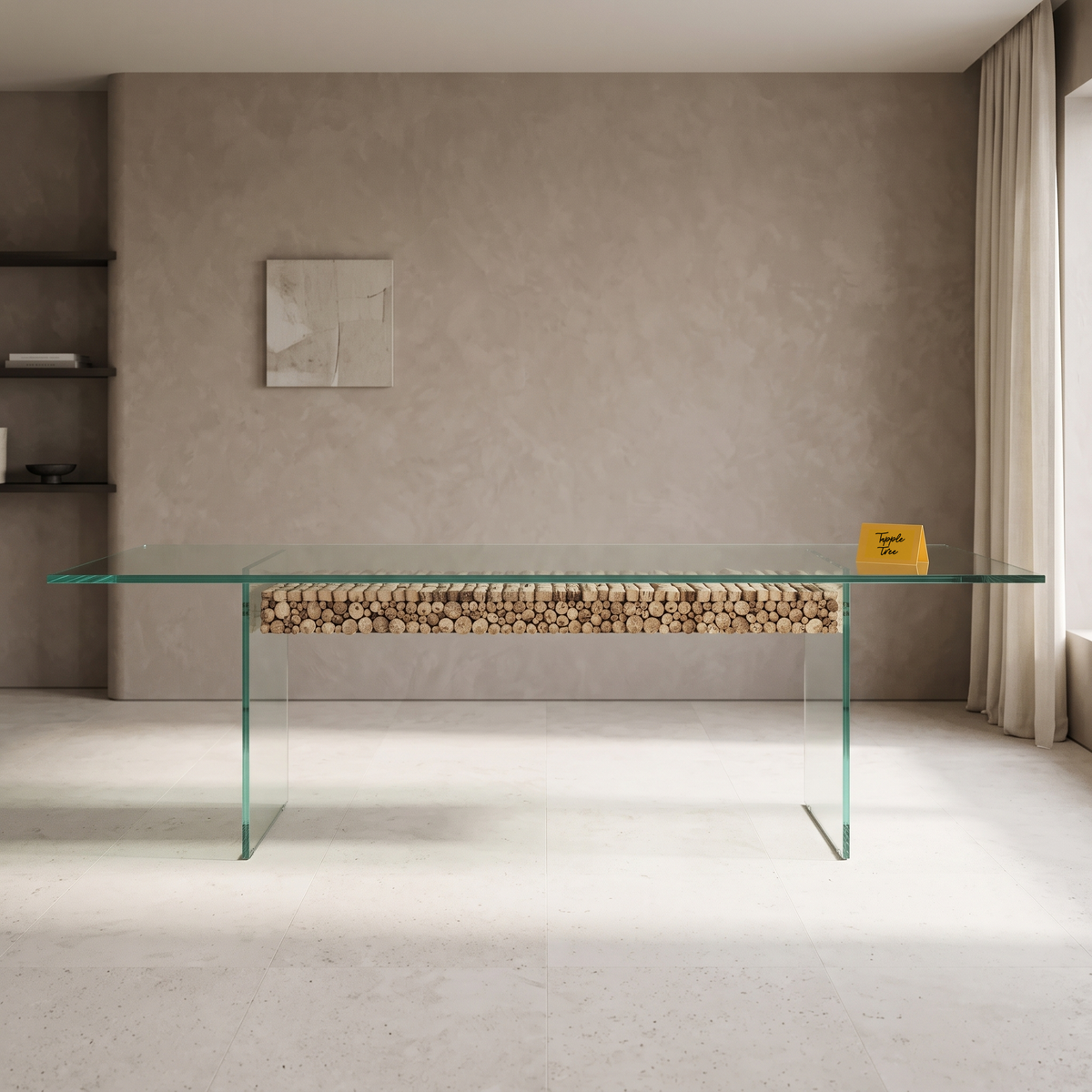 Driftwood Glass-Top Acacia Wood 6-Seater Dining Table, front view in a dining room