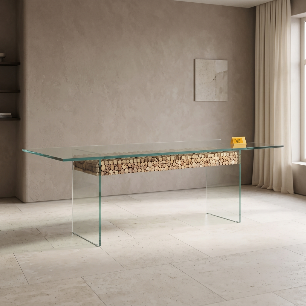 Driftwood Glass-Top Acacia Wood 6-Seater Dining Table, three-quarter view in a dining room