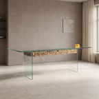 Driftwood Glass-Top Acacia Wood 6-Seater Dining Table, three-quarter view in a dining room