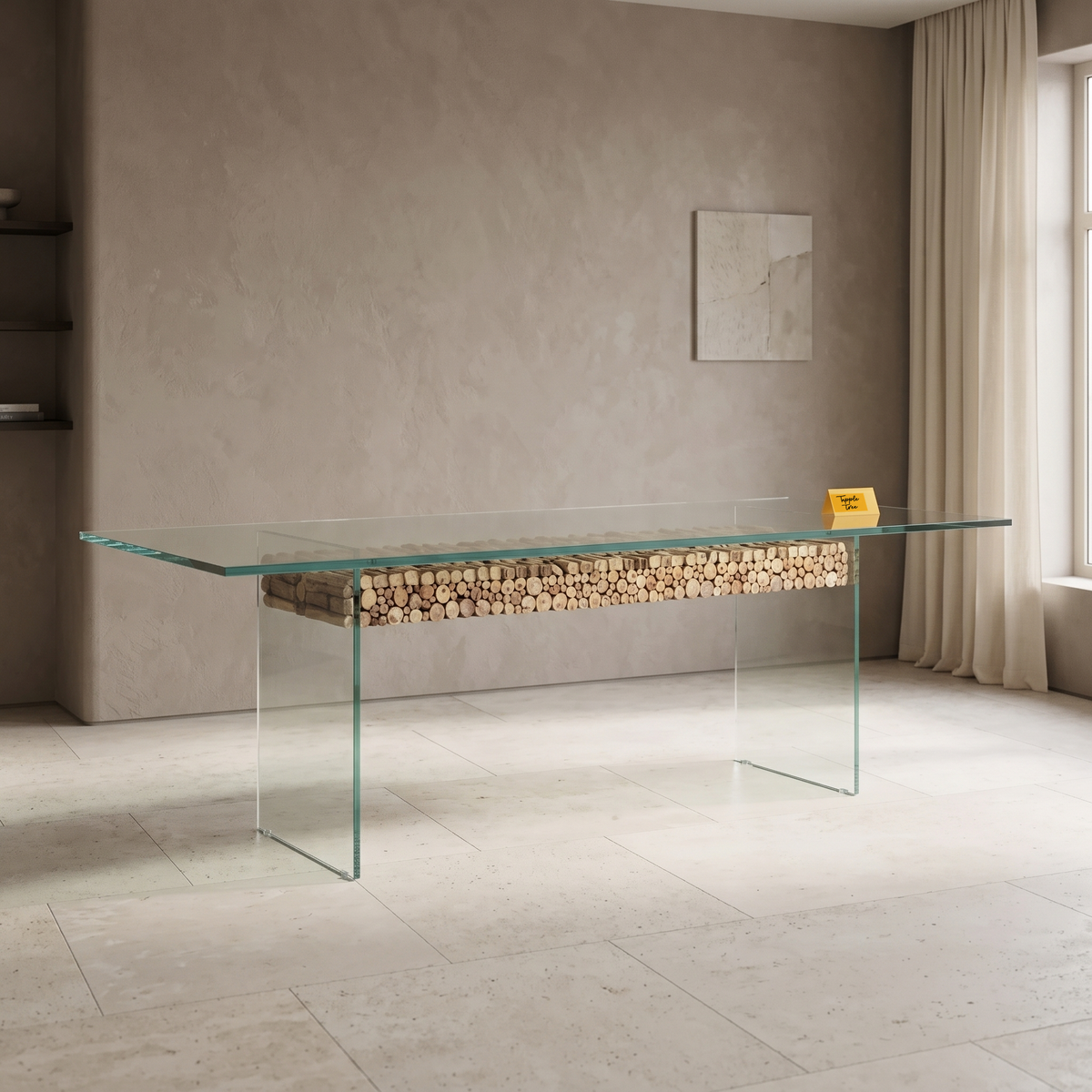 Driftwood Glass-Top Acacia Wood 6-Seater Dining Table, three-quarter view in a dining room