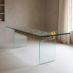 Driftwood Glass-Top Acacia Wood 6-Seater Dining Table, side view in a dining room