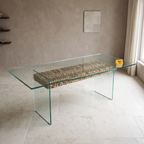 Driftwood Glass-Top Acacia Wood 6-Seater Dining Table, view from above in a dining room
