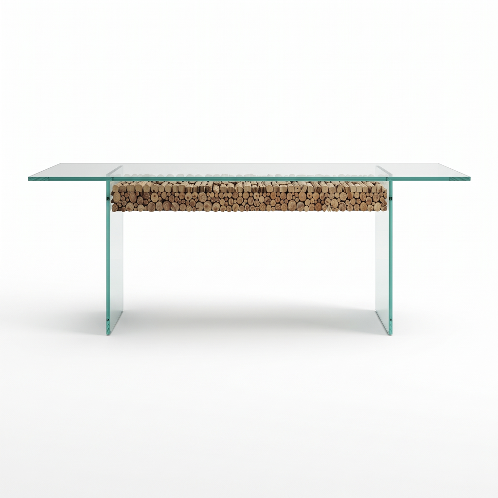 Driftwood Glass-Top Acacia Wood 6-Seater Dining Table, front view on a white background