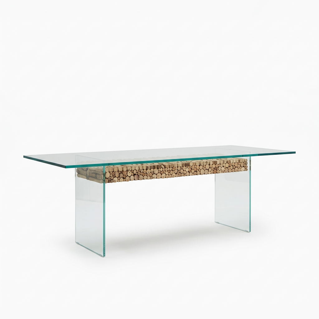 Driftwood Glass-Top Acacia Wood 6-Seater Dining Table, left three-quarter view on a white background