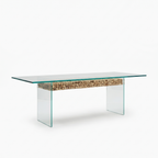 Driftwood Glass-Top Acacia Wood 6-Seater Dining Table, left three-quarter view on a white background