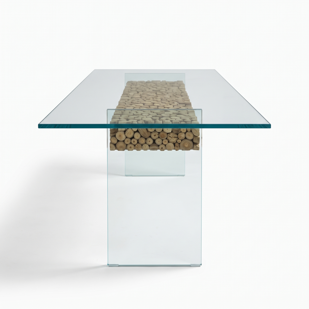 Driftwood Glass-Top Acacia Wood 6-Seater Dining Table, right three-quarter view on a white background