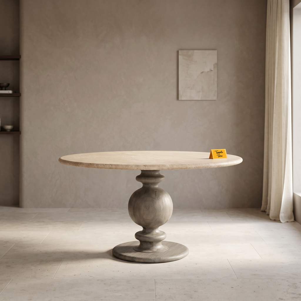 Baluster Stone-Top Mango Wood Round Dining Table, front view in a dining room
