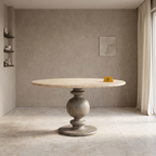 Baluster Stone-Top Mango Wood Round Dining Table, three-quarter view in a dining room