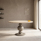 Baluster Stone-Top Mango Wood Round Dining Table, side view in a dining room