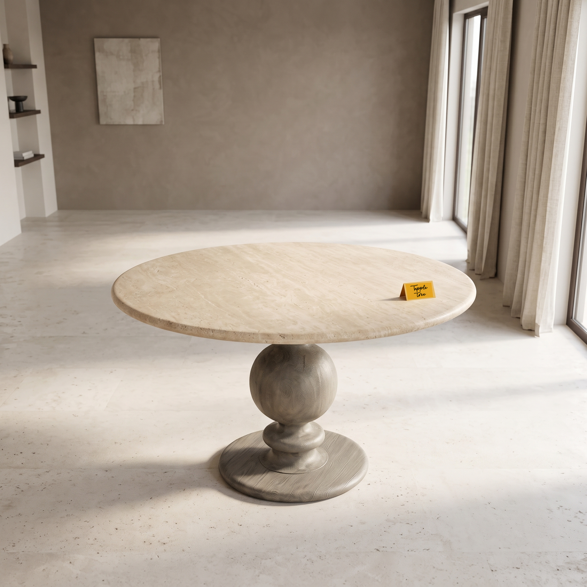 Baluster Stone-Top Mango Wood Round Dining Table, view from above in a dining room