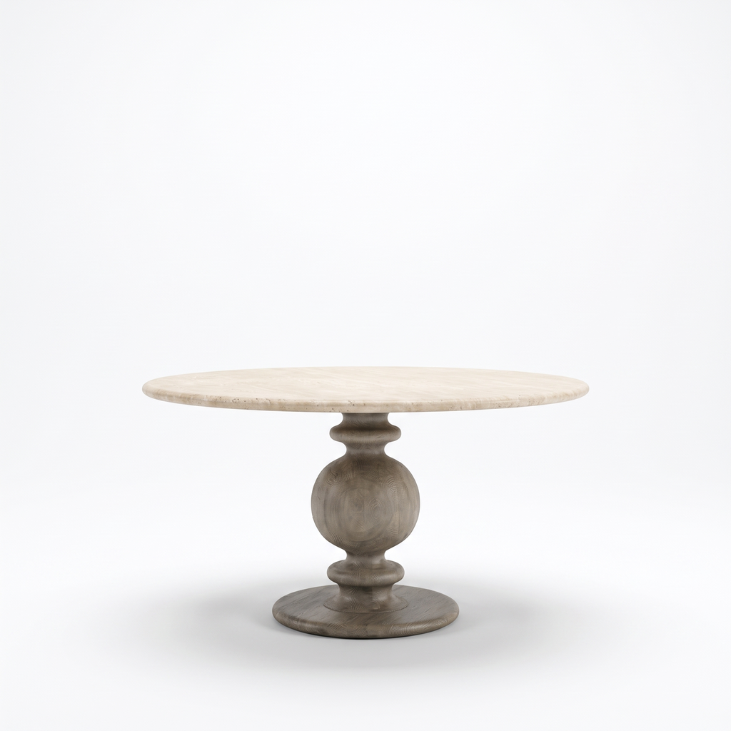 Baluster Stone-Top Mango Wood Round Dining Table, front view on a white background