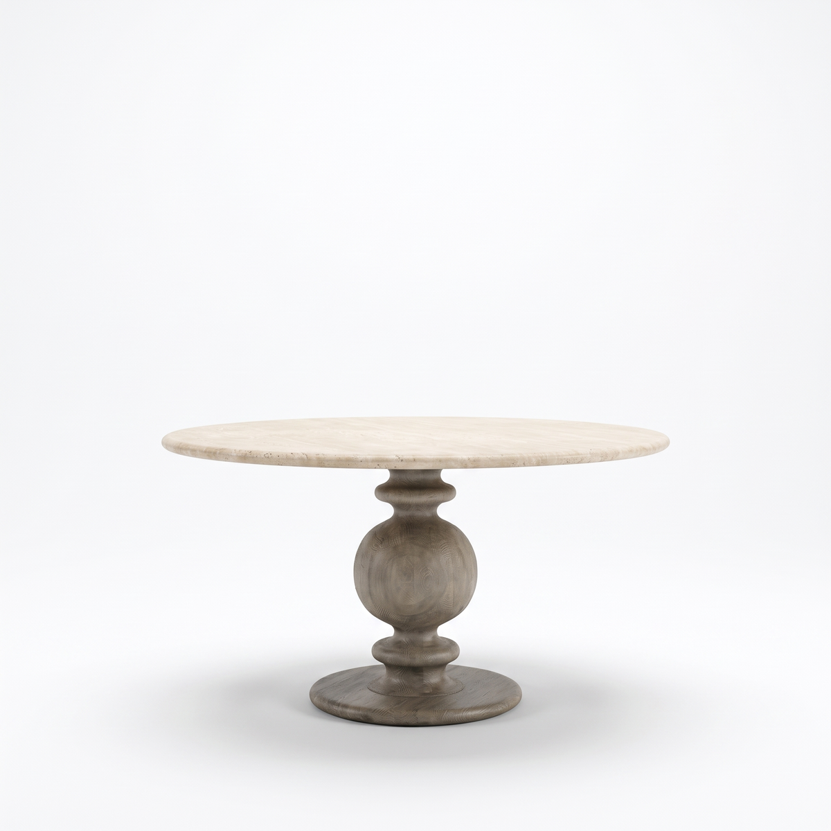 Baluster Stone-Top Mango Wood Round Dining Table, front view on a white background