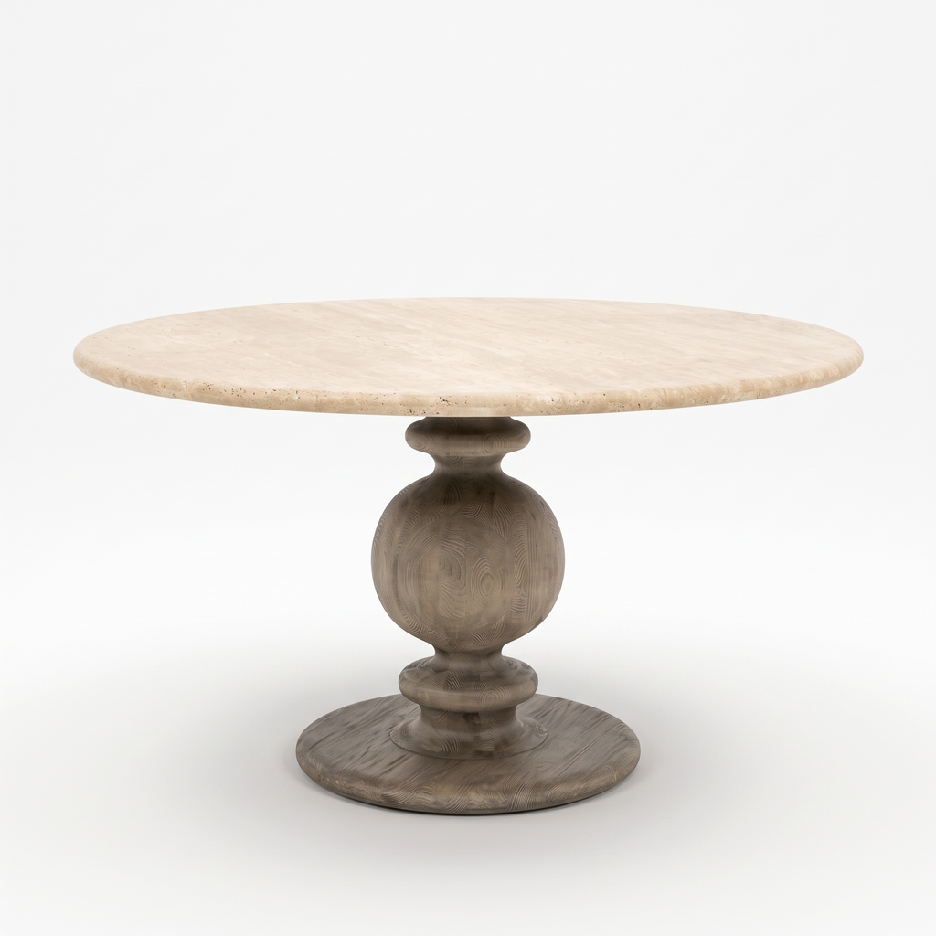 Baluster Stone-Top Mango Wood Round Dining Table, left three-quarter view on a white background