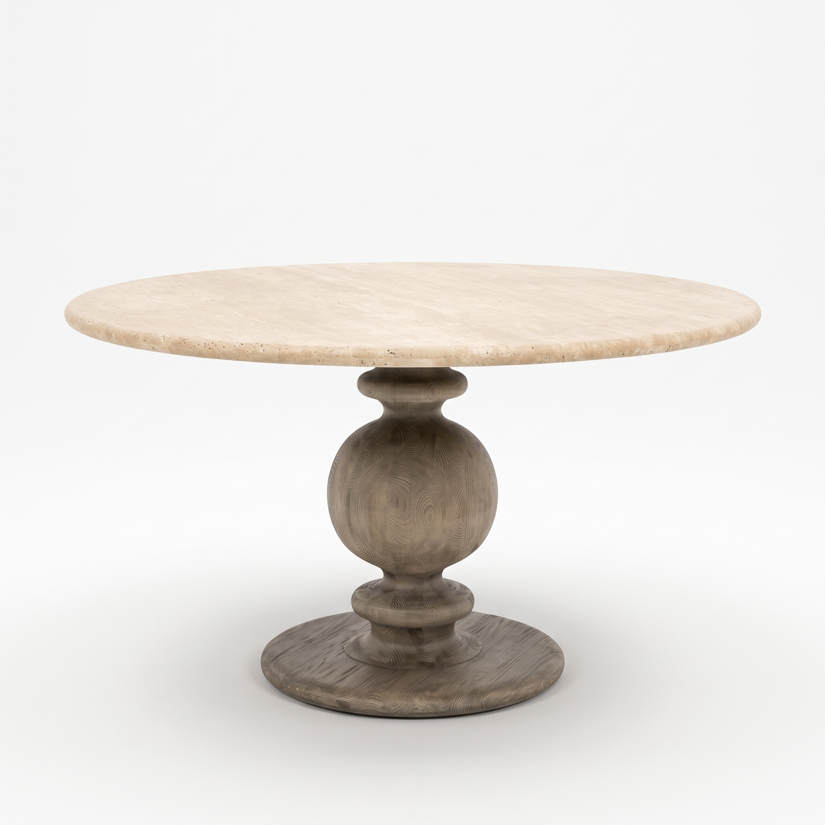 Baluster Stone-Top Mango Wood Round Dining Table, left three-quarter view on a white background