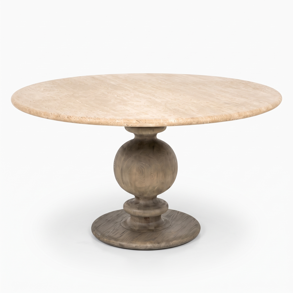 Baluster Stone-Top Mango Wood Round Dining Table, right three-quarter view on a white background