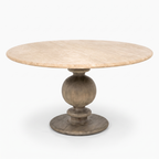 Baluster Stone-Top Mango Wood Round Dining Table, right three-quarter view on a white background