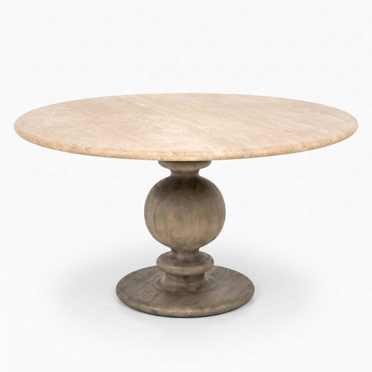Baluster Stone-Top Mango Wood Round Dining Table, right three-quarter view on a white background