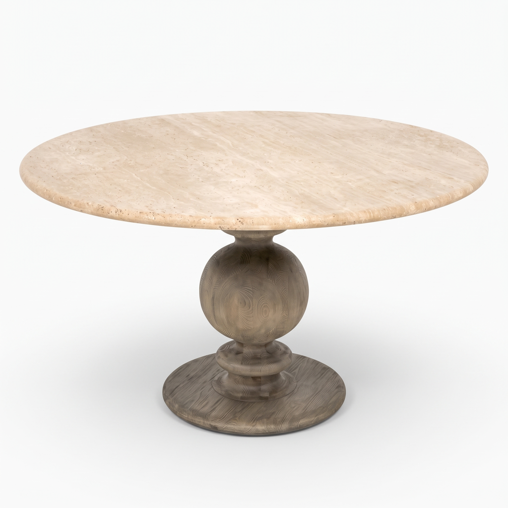 Baluster Stone-Top Mango Wood Round Dining Table, side view on a white background