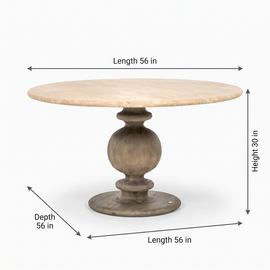Baluster Stone-Top Mango Wood Round Dining Table dimensions: 142 × 142 × 76 cm (W × D × H)
