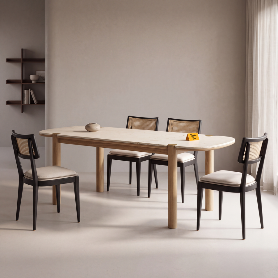 Beige Stone-Top Mango Wood 6-Seater Dining Table in a Golden Sand Grain finish, styled in a dining room