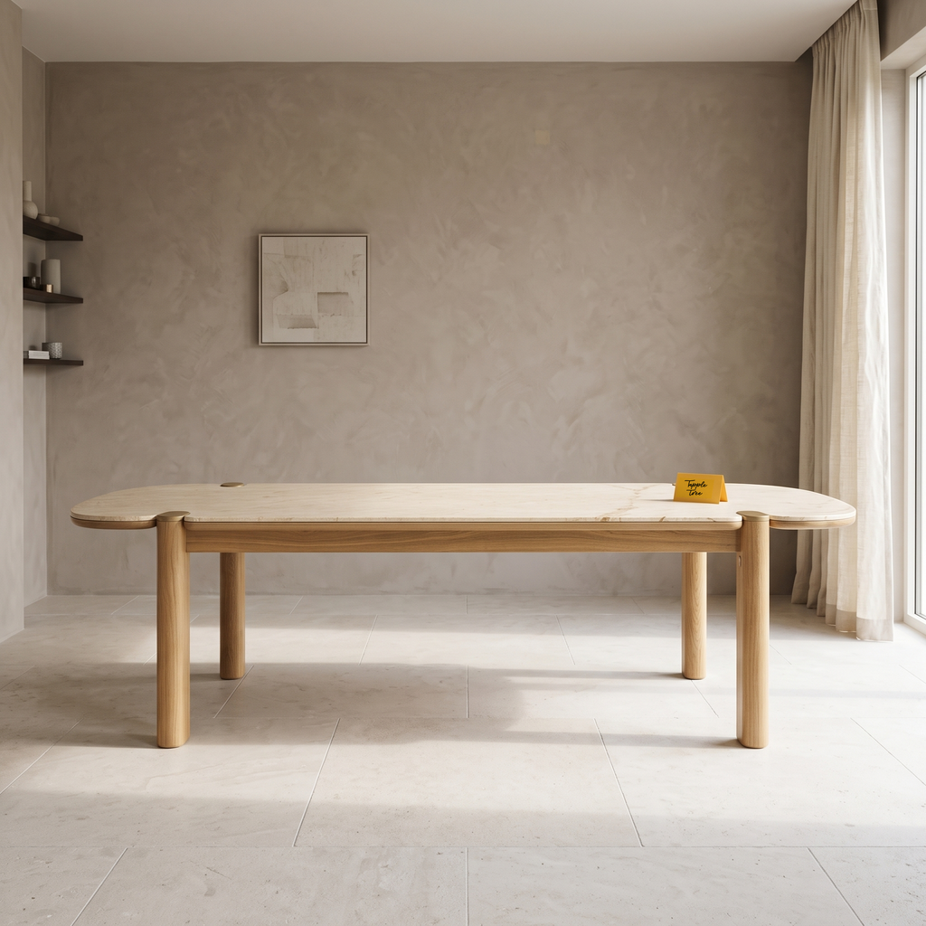 Beige Stone-Top Mango Wood 6-Seater Dining Table, front view in a dining room
