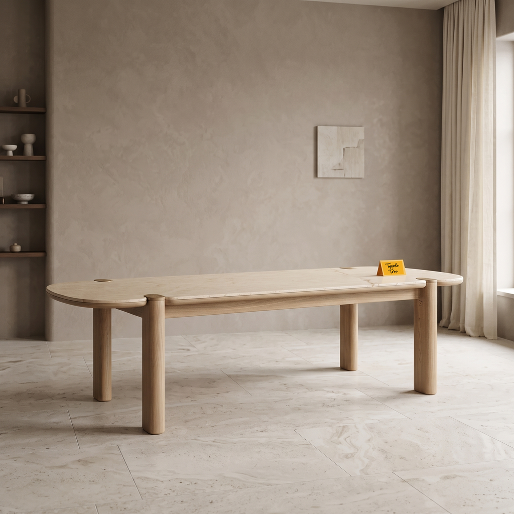 Beige Stone-Top Mango Wood 6-Seater Dining Table, three-quarter view in a dining room