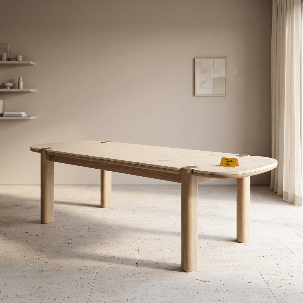 Beige Stone-Top Mango Wood 6-Seater Dining Table, side view in a dining room