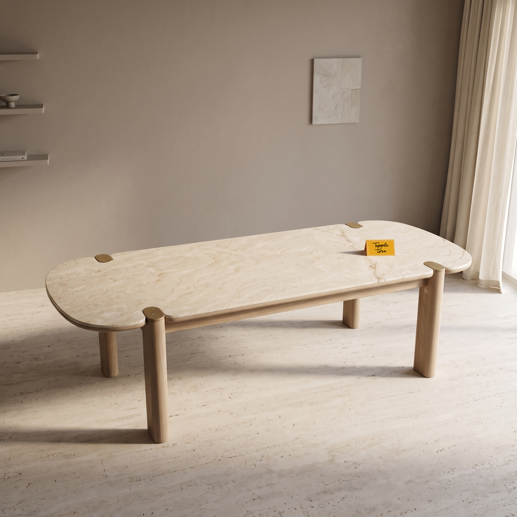 Beige Stone-Top Mango Wood 6-Seater Dining Table, view from above in a dining room