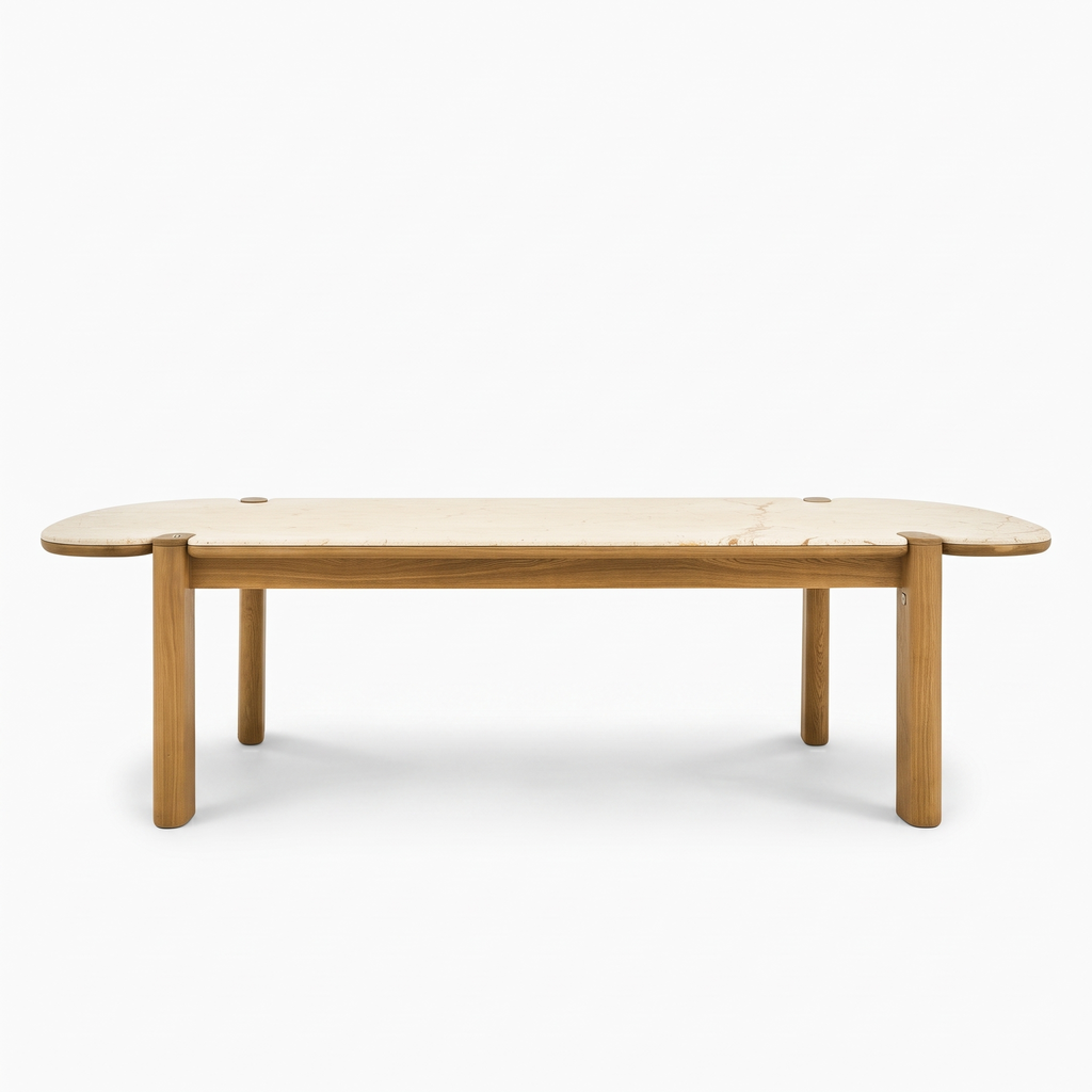 Beige Stone-Top Mango Wood 6-Seater Dining Table, front view on a white background