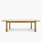 Beige Stone-Top Mango Wood 6-Seater Dining Table, front view on a white background