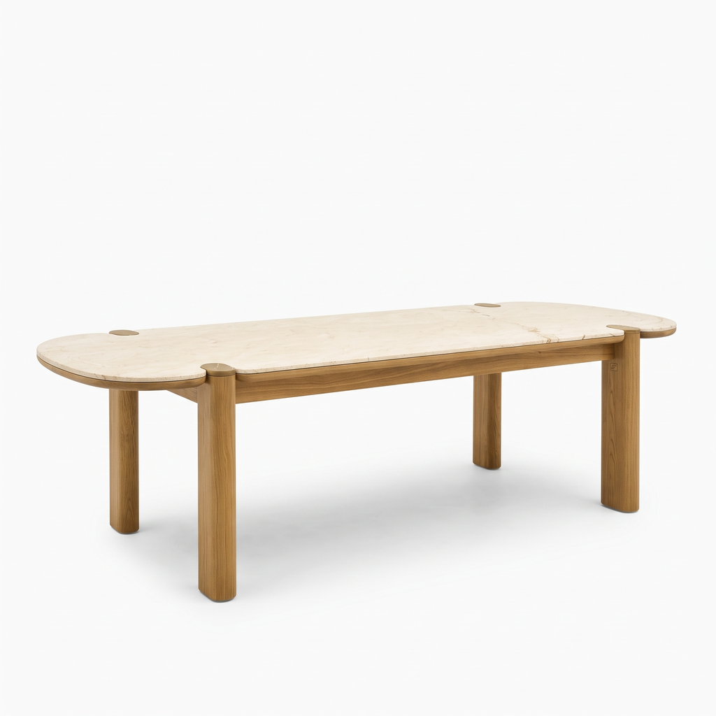 Beige Stone-Top Mango Wood 6-Seater Dining Table, left three-quarter view on a white background