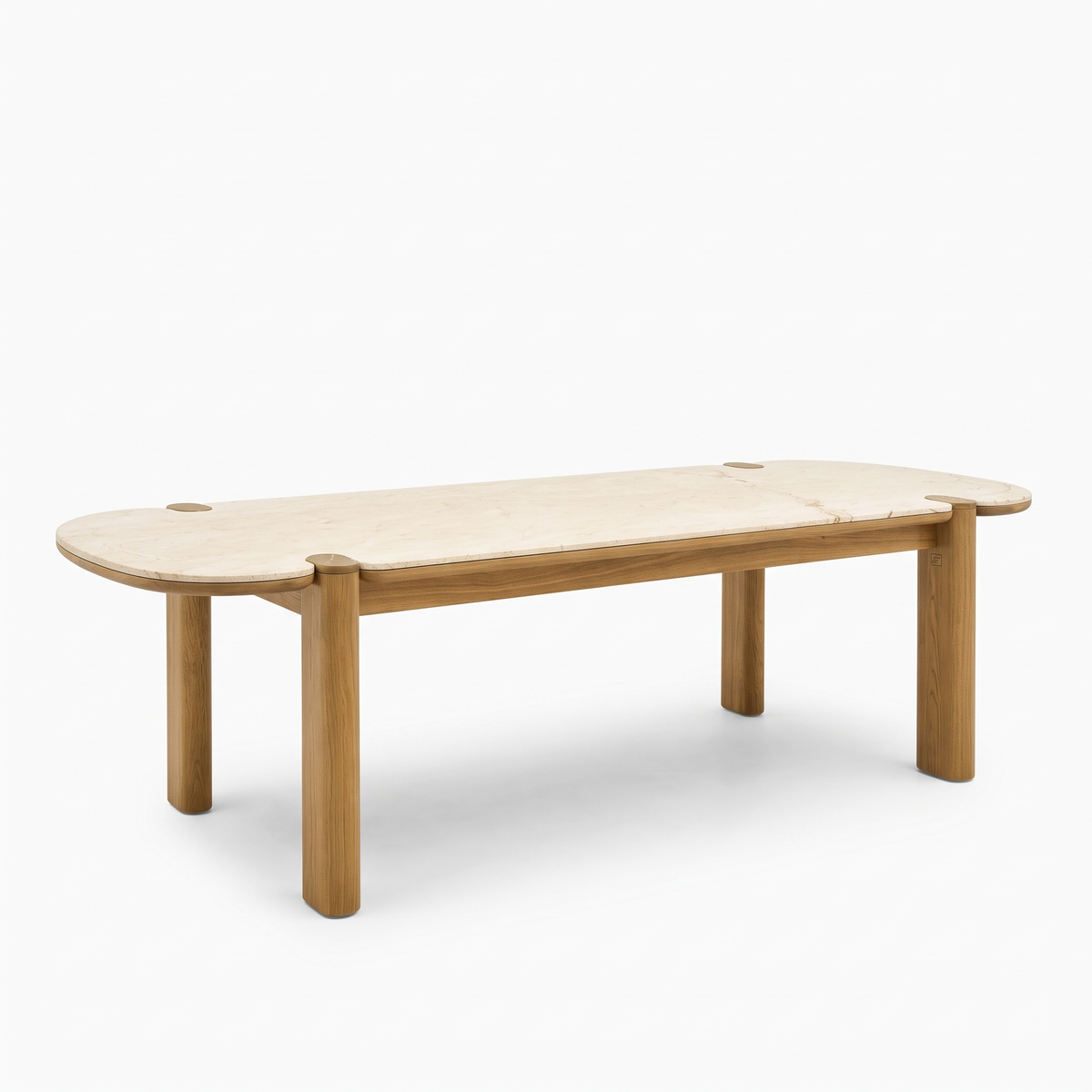 Beige Stone-Top Mango Wood 6-Seater Dining Table, left three-quarter view on a white background