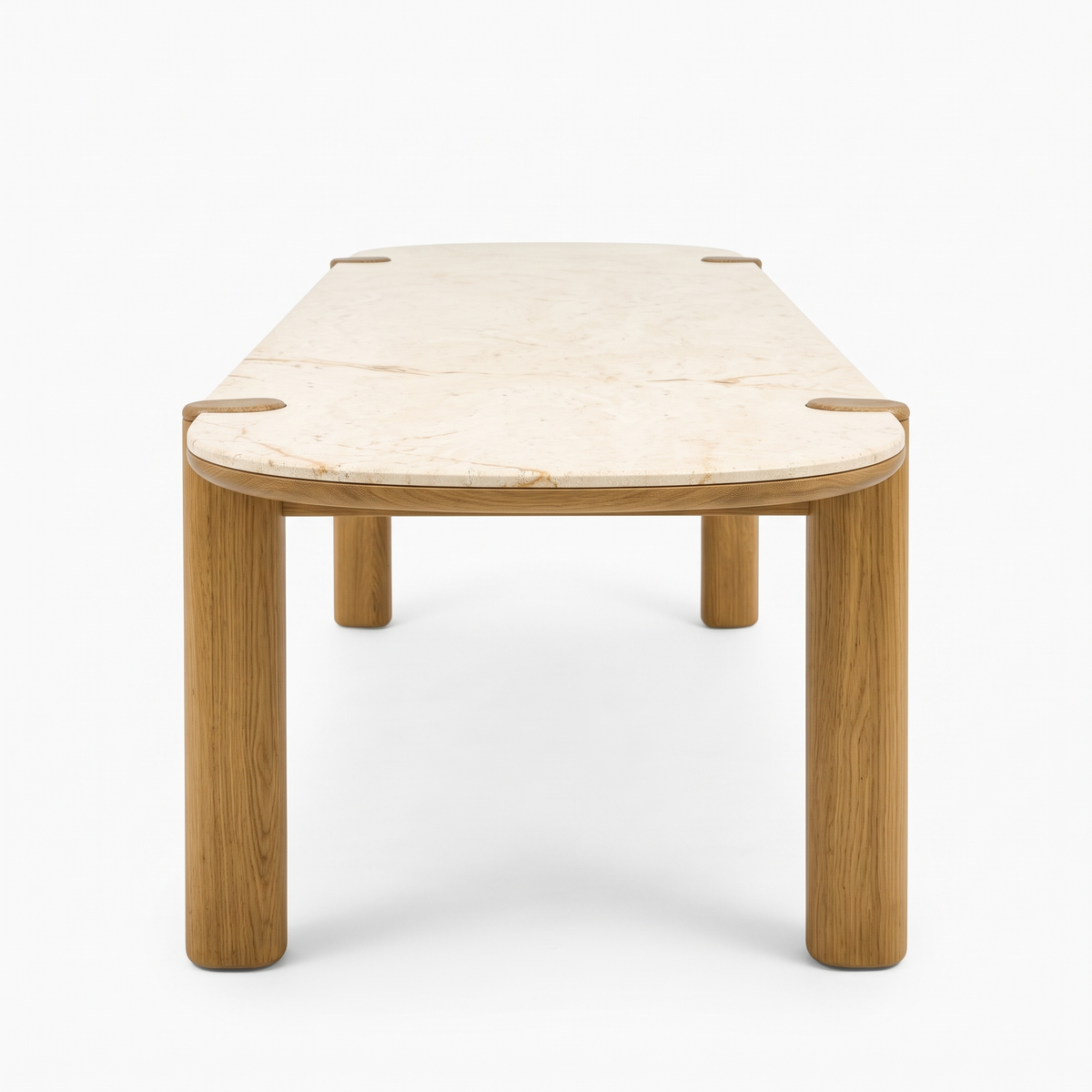 Beige Stone-Top Mango Wood 6-Seater Dining Table, right three-quarter view on a white background