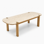 Beige Stone-Top Mango Wood 6-Seater Dining Table, side view on a white background