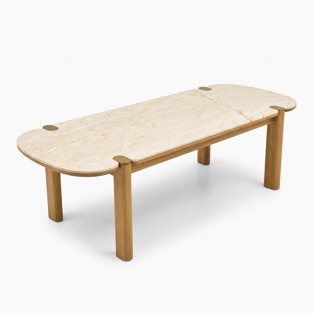 Beige Stone-Top Mango Wood 6-Seater Dining Table, side view on a white background