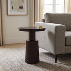 Glenmere Field Dark Walnut Mango Wood Side Table, front view in a living room