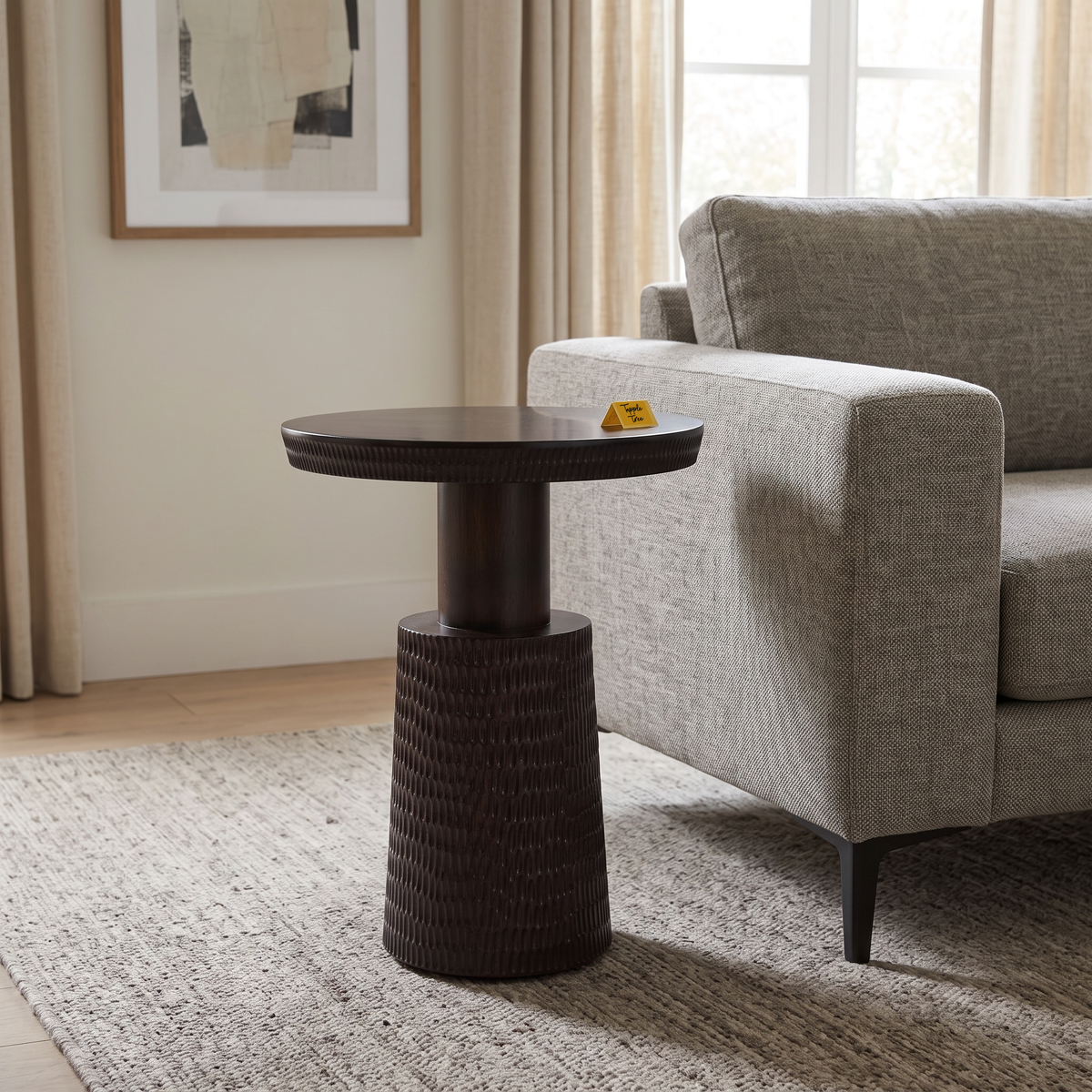 Glenmere Field Dark Walnut Mango Wood Side Table, front view in a living room