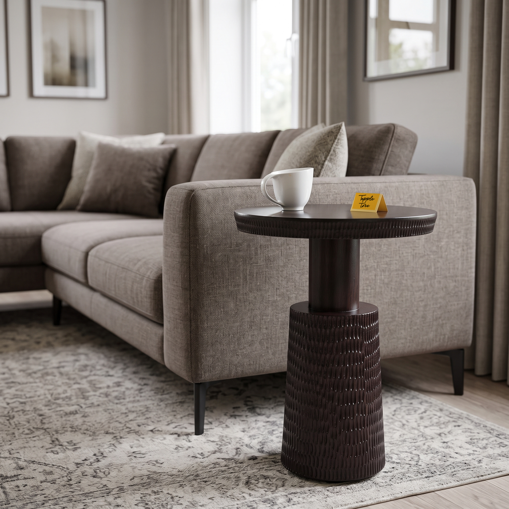 Glenmere Field Dark Walnut Mango Wood Side Table, three-quarter view in a living room