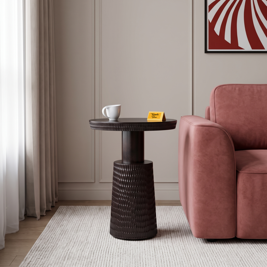 Glenmere Field Dark Walnut Mango Wood Side Table, side view in a living room